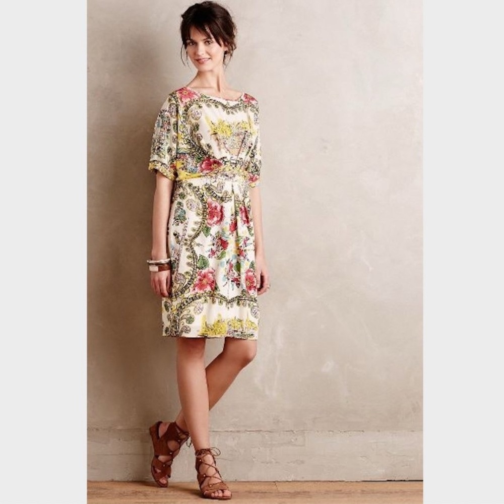 Anthropologie Collette Dinnigan Scenic Print 100% Silk Dress Dolman Sleeve Paris